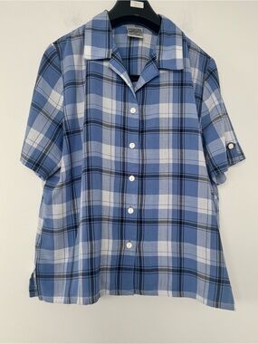 Vtg Allison Daley Plaid Button Up Shirt 14P Blue Short Tab Sleeve Cotton Blend